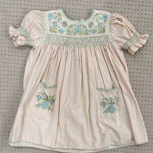 Floral Embroidered Kids Dress - Cream and Green 5-7years